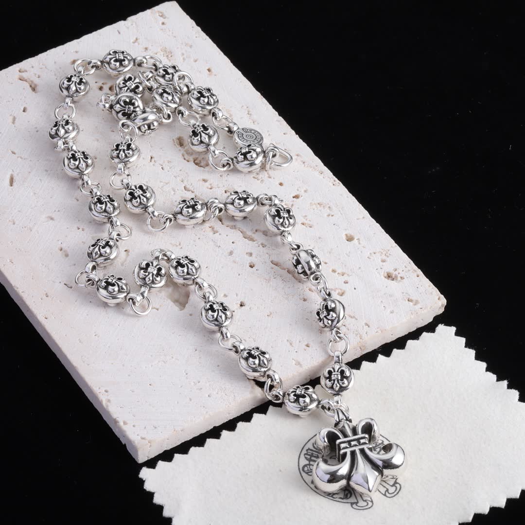 Chrome Hearts Sterling Silver Fleur-de-lis Rosary Necklace